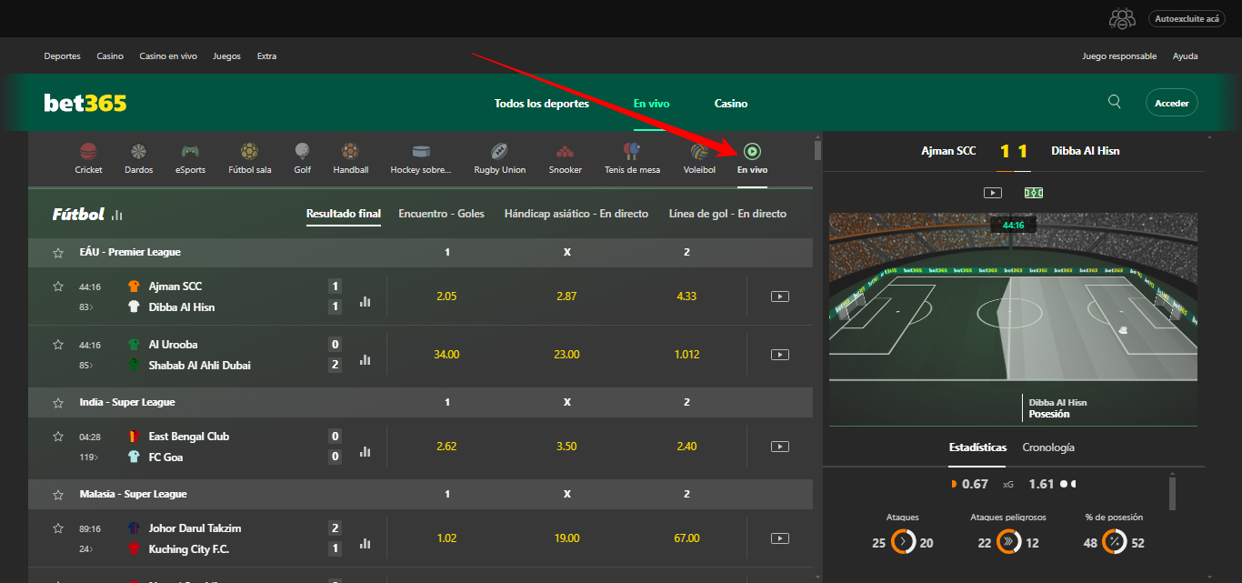 Sección de apuestas den vivo de bet365