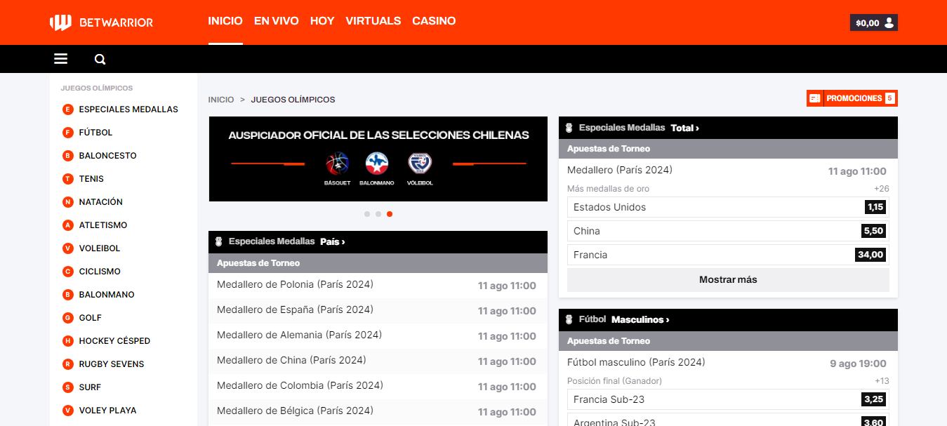 Sección de apuestas de los juegos olímpicos de Betwarrior visto desde una cuenta real con su sesión iniciada.
