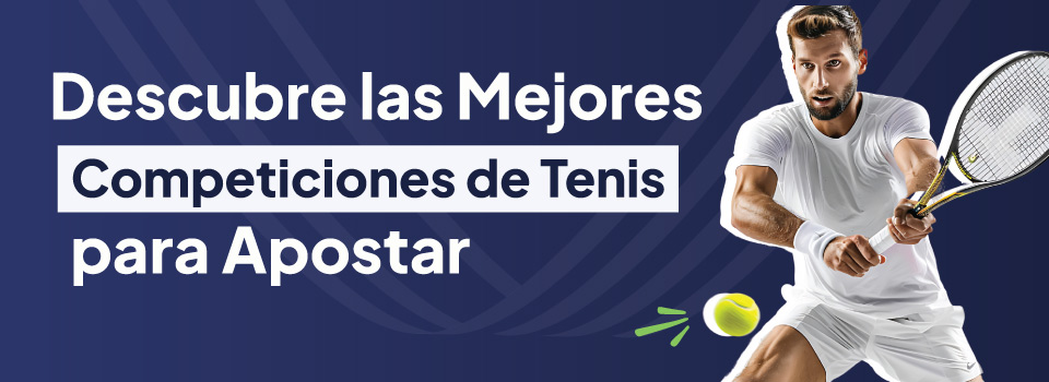 Jugador de tenis a punto de devolver una pelota con su raqueta junto a un texto incitando a las apuestas deportivas