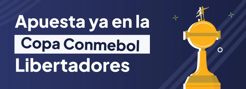 Esquema del trofeo de la Copa Conmebol Libertadores con un fondo azul y un texto invitando a apostar en la competición.