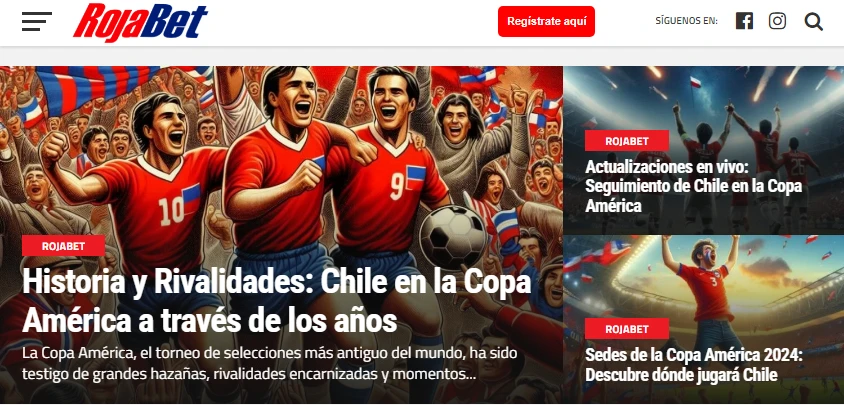 Pantallazo del blog de Rojabet en donde se ven artículos que hablan de Chile en la Copa América