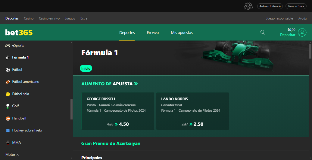 Apuestas deportivas en la fórmula 1 con Bet365