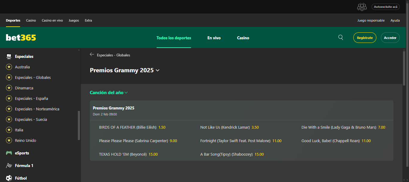 Apuestas en los premios Grammy 2025 en bet365